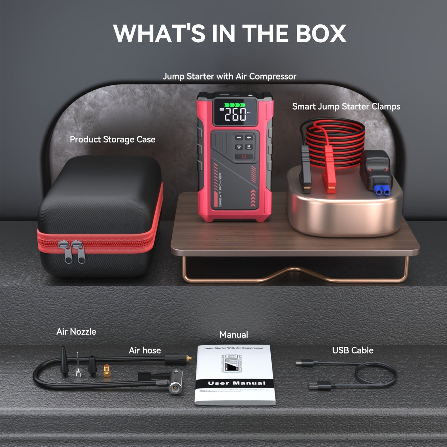 5000A Portable Wireless Car Air Compressor Jump Starter with Air Compressor, Battery Jump Starter Portable Peak, Car Battery Charger Portable For12V(8.0LGas/1.72gal Diesel) Start The Car Quickly, USB Input/output, LED Emergen