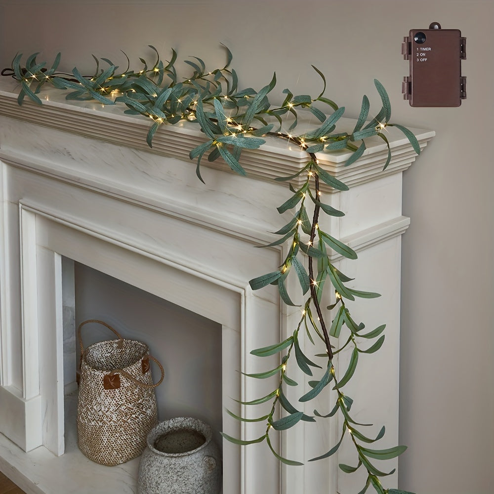Lighted Artificial Olive Garland 6FT 96 LED Fairy Lights Battery Operated, Faux Vine Lights With Timer For Spring Christmas Holiday Fireplace Decor