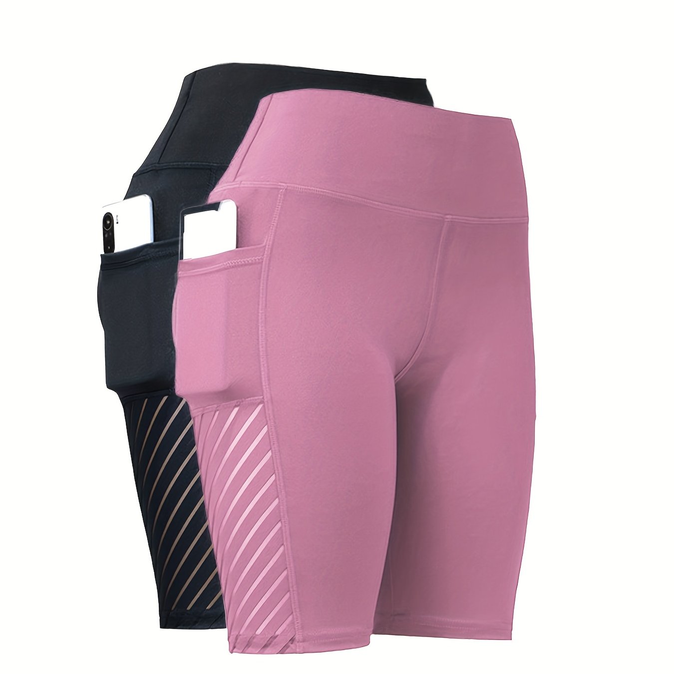 Multi-color Available, Two Pairs Of Women's High-waisted High Elastic with Pockets Yoga Shorts, Mesh Skeleton Breathable Tummy Tucking And Hip Lifting Elastic Capri Pants, Suitable for Gym Workout, Running And Leisure