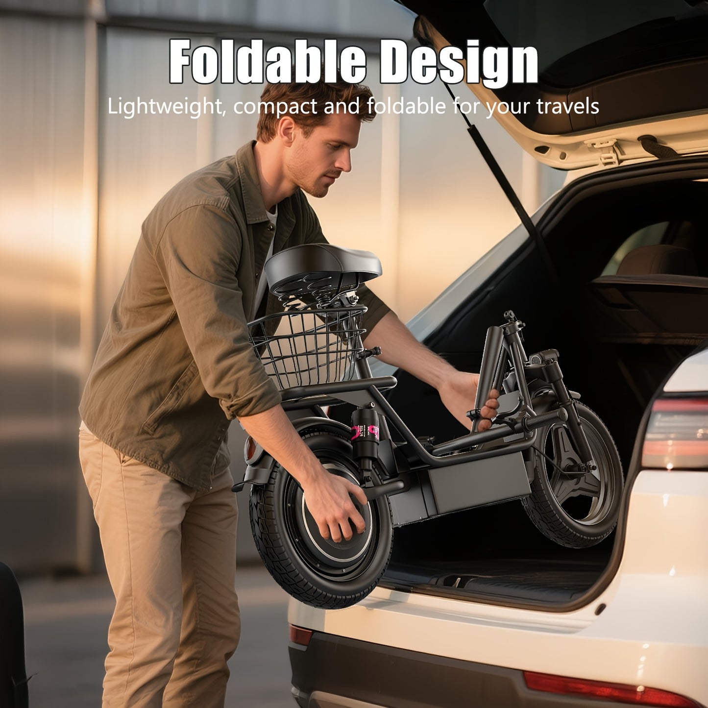 Electric Scooter for Adults Featuring a 650W/350W Peak Motor, Capable of Covering Distances of 21 to 30 Miles. It Includes a Seat, Box, And Basket, Along with Disc Brakes. The Scooter Operates on a 48V 15A Or 36V 7.5A System