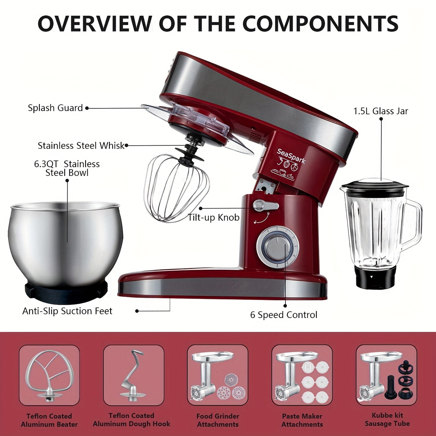 6-in-1 Electric Vertical Mixer, 400W 6-speed with Pulse Button, Accessories with 6.3QT Stainless Steel Bowl, Mixer, Dough Hook, Egg Beater, Spatula, Juicer Accessories, Meat Grinder Accessories and Noodle Pressing Accessories