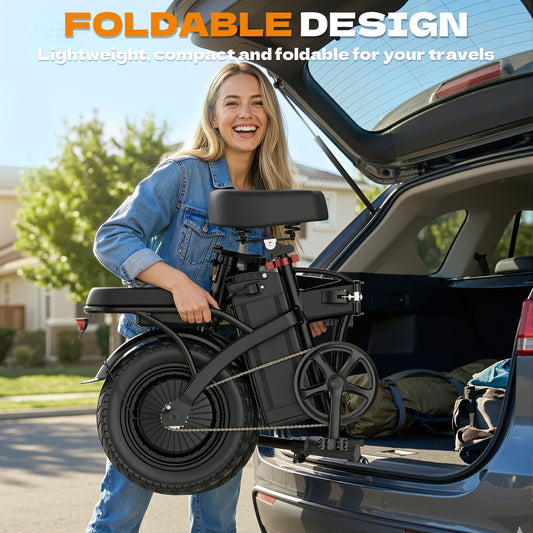 Hisent Foldable Electric Bike For Adults - Rated Power: 500W, Peak Power: 740W, Brushless Motor. Speed: 20MPH. Removable Battery: 48V 6Ah/10Ah/15Ah/17.5/20Ah. 14-inch High-quality Tires. Disc Brake + Front Suspension. LCD Scr