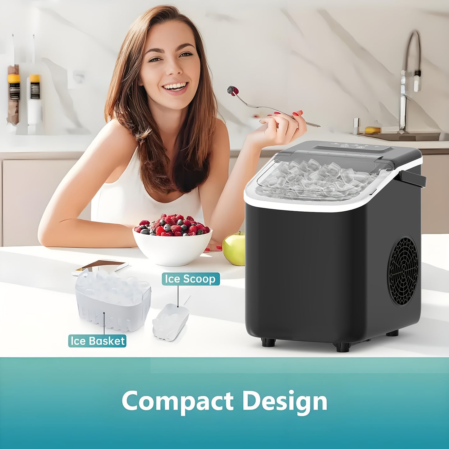 Ice Maker, with A Handle On The Countertop, Make 9 Bullet-shaped Ice Cubes In 6 Minutes, 24-hour Ice-making Capacity Of 26 Pounds, Equipped with An Automatic Cleaning Function, Comes with An Ice Basket And An Ice Scoop
