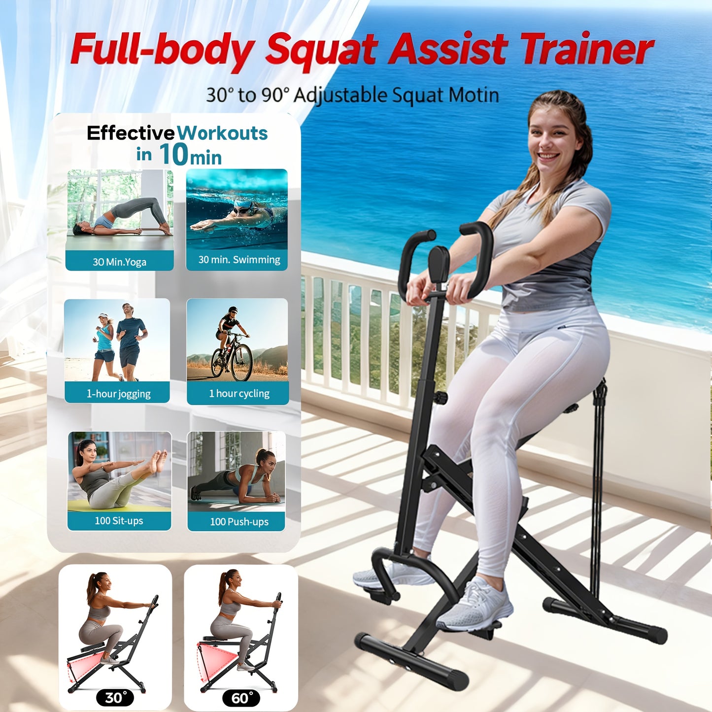 Foldable Squat & Rowing Machine for Women Suitable for Home Gym, Adjustable Resistance Deep Squat Rowing Equipment with System, 330LBS Weight Capacity, Ab/Back/Leg Workout Machine for Core Strength Training, Compact Fitness G