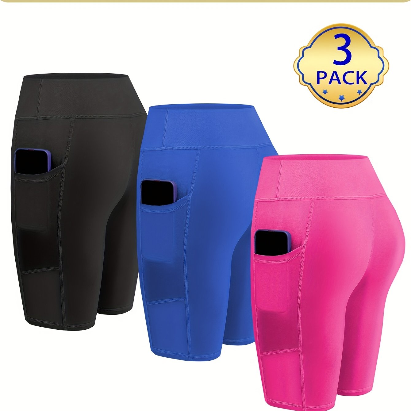 Womens 3pcs Biker Yoga Shorts with Pockets Short Leggings 8" Inseam Tummy Control High Waisted Spandex Athletic Running Workout Gym Shorts