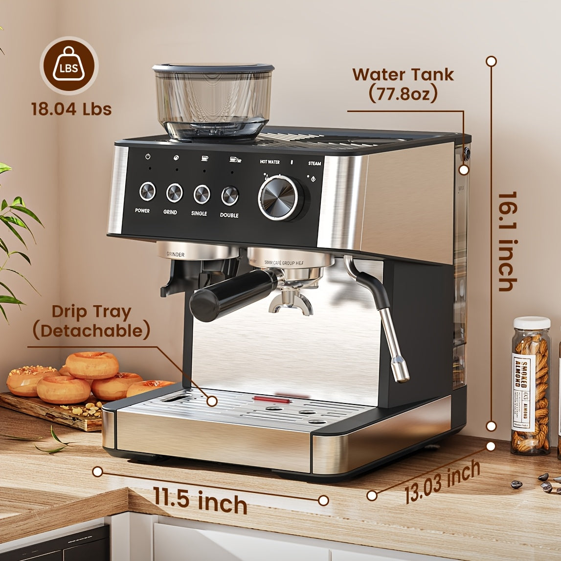 KNDKOCoffee Espresso Machine With Built-In Grinder Stainless Steel