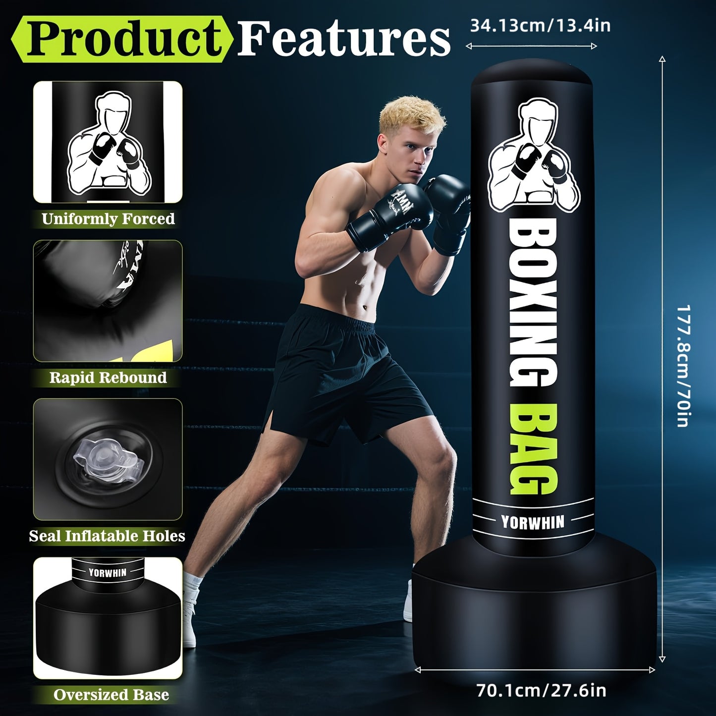 [Heavy-Duty|70" Punching Bag] Heavy-Duty 70" Freestanding Punching Bag with Stand | Gloves, Pump & Jump Rope - Durable PVC Boxing Bag for Adults & Teens, MMA, Muay Thai, Karate Training - Home Gym Fitness Equipment, Black, Ki