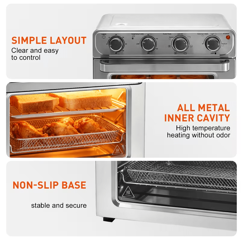 26.4QT Large Capacity Air Fryer Toaster Oven Combo - 4-in-1 Multifunctional Convection Countertop Oven with 4 Accessories, Stainless Steel, Up to 450°F