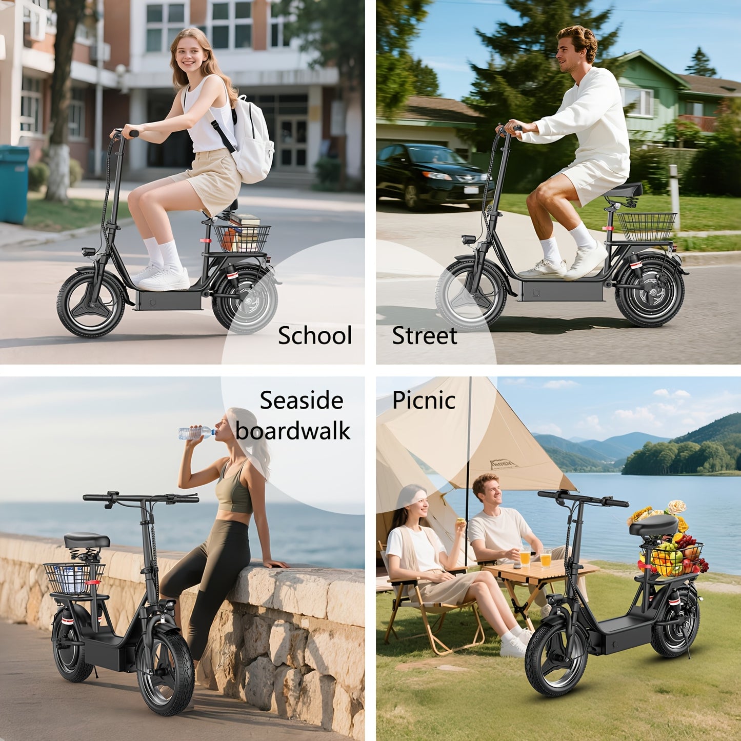 Electric Scooter for Adults Featuring a 650W/350W Peak Motor, Capable of Covering Distances of 21 to 30 Miles. It Includes a Seat, Box, And Basket, Along with Disc Brakes. The Scooter Operates on a 48V 15A Or 36V 7.5A System