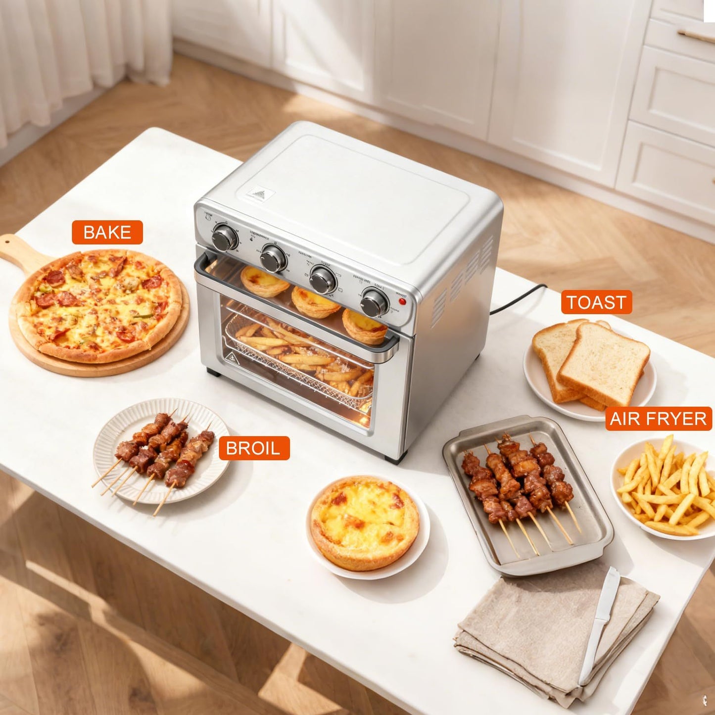 26.4QT Air Fryer 4-in-1 Convection Oven Countertop Stainless Steel Large Capacity 450°F High Temperature 4 Accessories