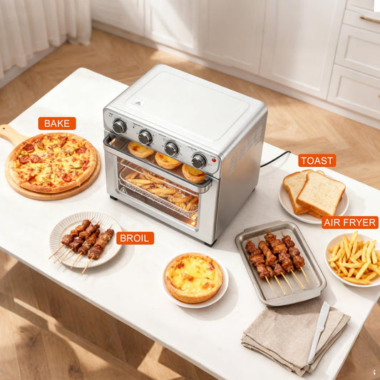 26.4QT Air Fryer 4-in-1 Convection Oven Countertop Stainless Steel Large Capacity 450°F High Temperature 4 Accessories