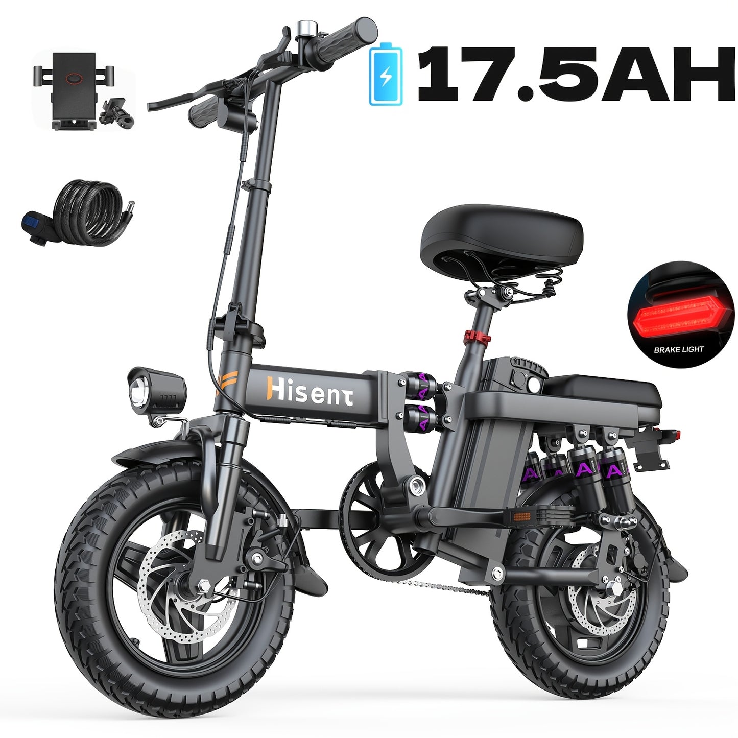 Hisent Adult Folding Electric Bike | 500W Rated, 740W Brushless Motor, 48V 6Ah/10Ah/15Ah/17.5Ah Lithium Battery, 8-32 Miles Range, 14 High-quality Tires, Alloy Steel Frame, LCD Display, Front and Rear