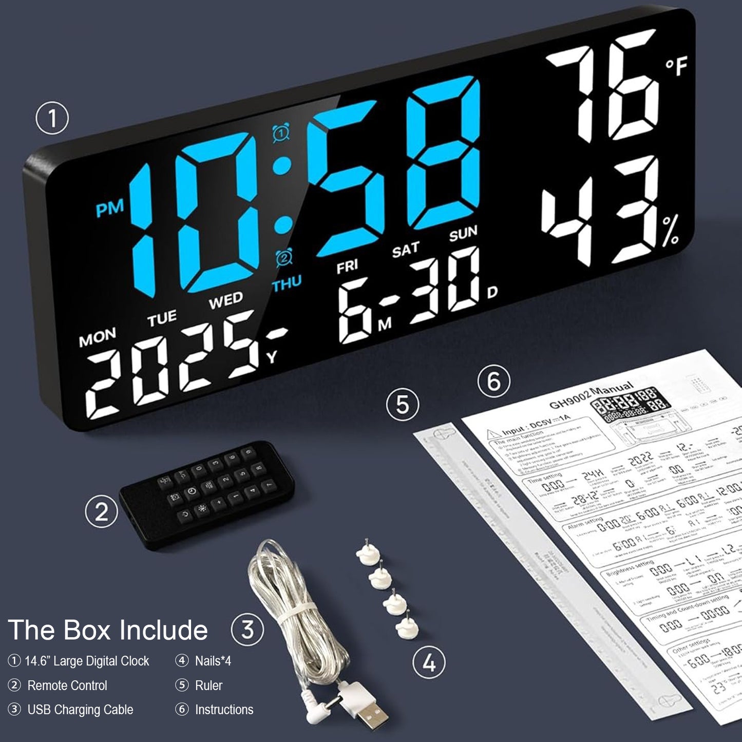 14.6" Large Digital Wall Clock with Remote Control, Dual Alarm, Big LED Display, Night Light, Humidity, Date, Week, Temp - Perfect Father'S Day Gift for Living Room, Bedroom, Elderly