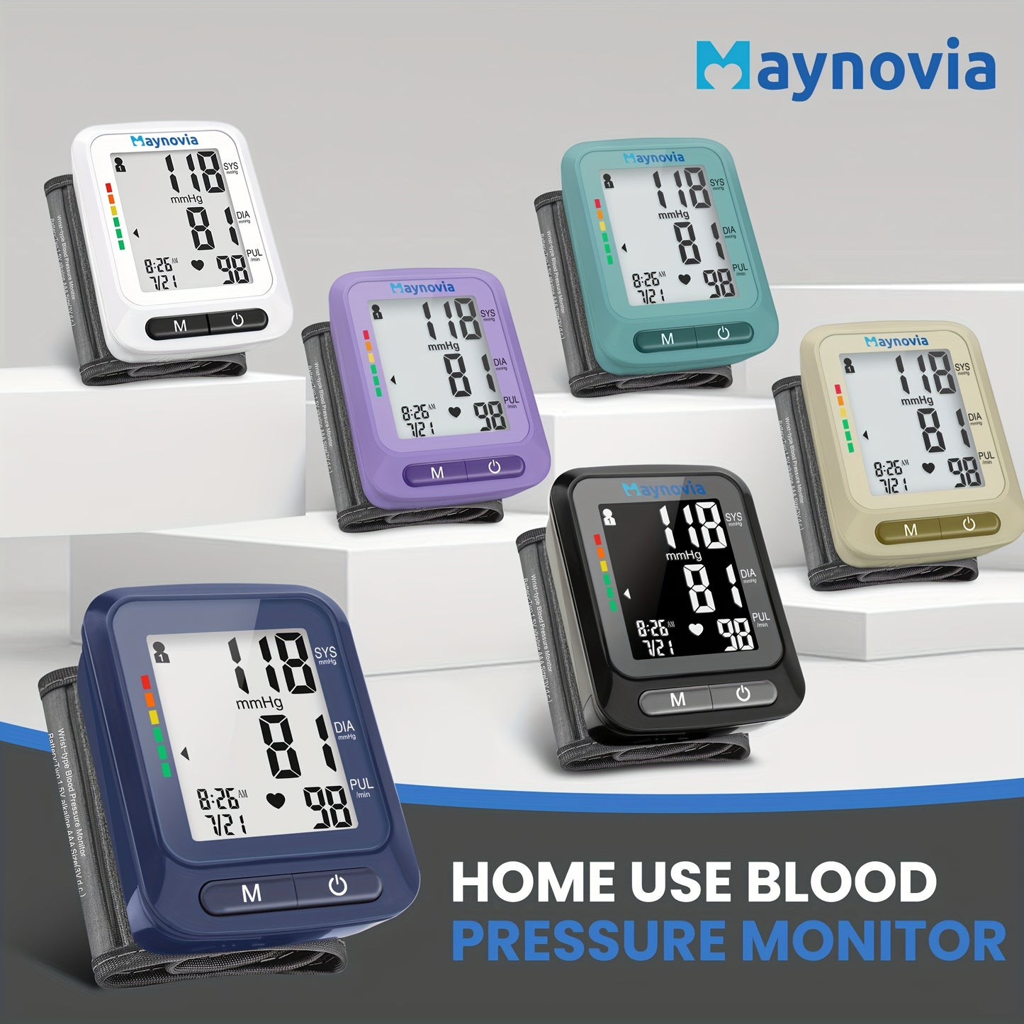 Maynovia Automatic Wrist Cuff Blood Pressure Monitors Large LED Display Hypertension Detector For Home Support 2 Users 120x2 Reading Memory With Carrying Box