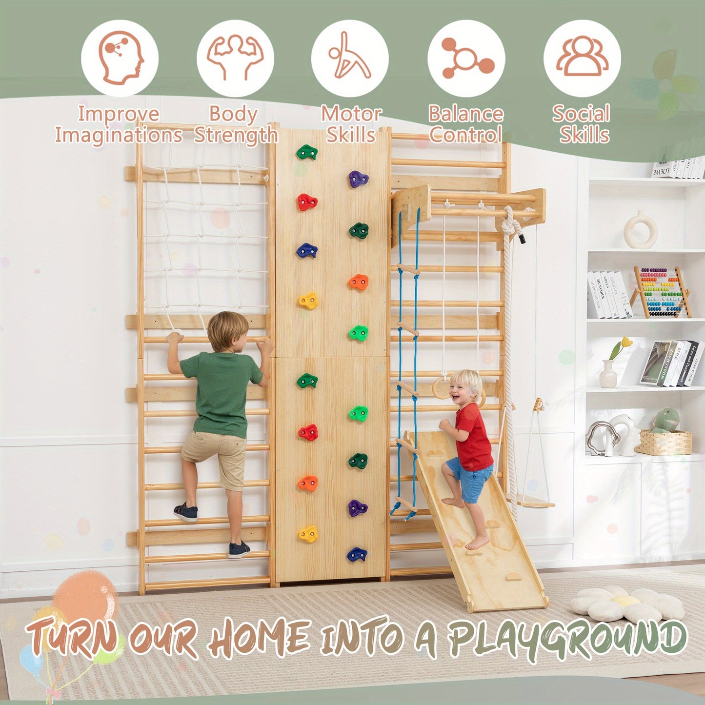 10-in-1 Solid Wood Swedish Ladder Wall Gym - All-in-One Kids & Adult Climbing Frame with Rock Wall, Gymnastics Rings, Pull-Up Bars, Slide, Swing Set | Indoor/for home Playground Equipment, Easy Assembly, Space-Saving Multi- A