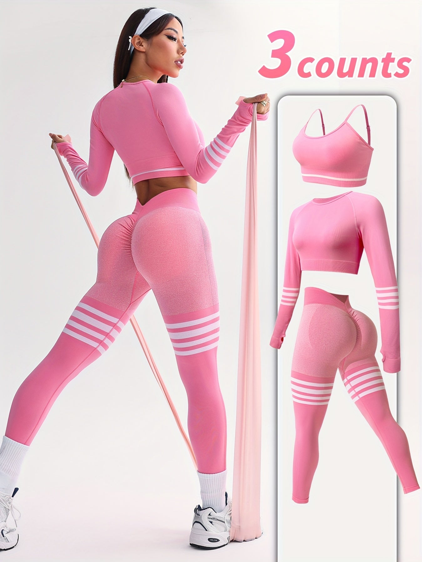 3pcs Women's Full Athletic Set - Seamless Striped Quick-Dry Sports Bra, Tight-Fitting Long Sleeve Gym Pants with Moai Panel Technology | High-Elasticity Moisture-Wicking Fabric for Running, Gymnastics, Training Outfit (All-Se
