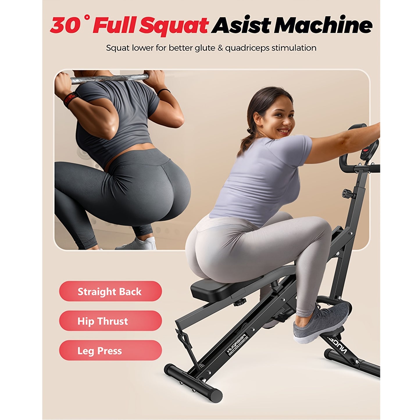 Squat Machine for Home Foldable Exercise Equipment Squat Rowing Machine with 3 HighStrength Resistance Band, Without Battery