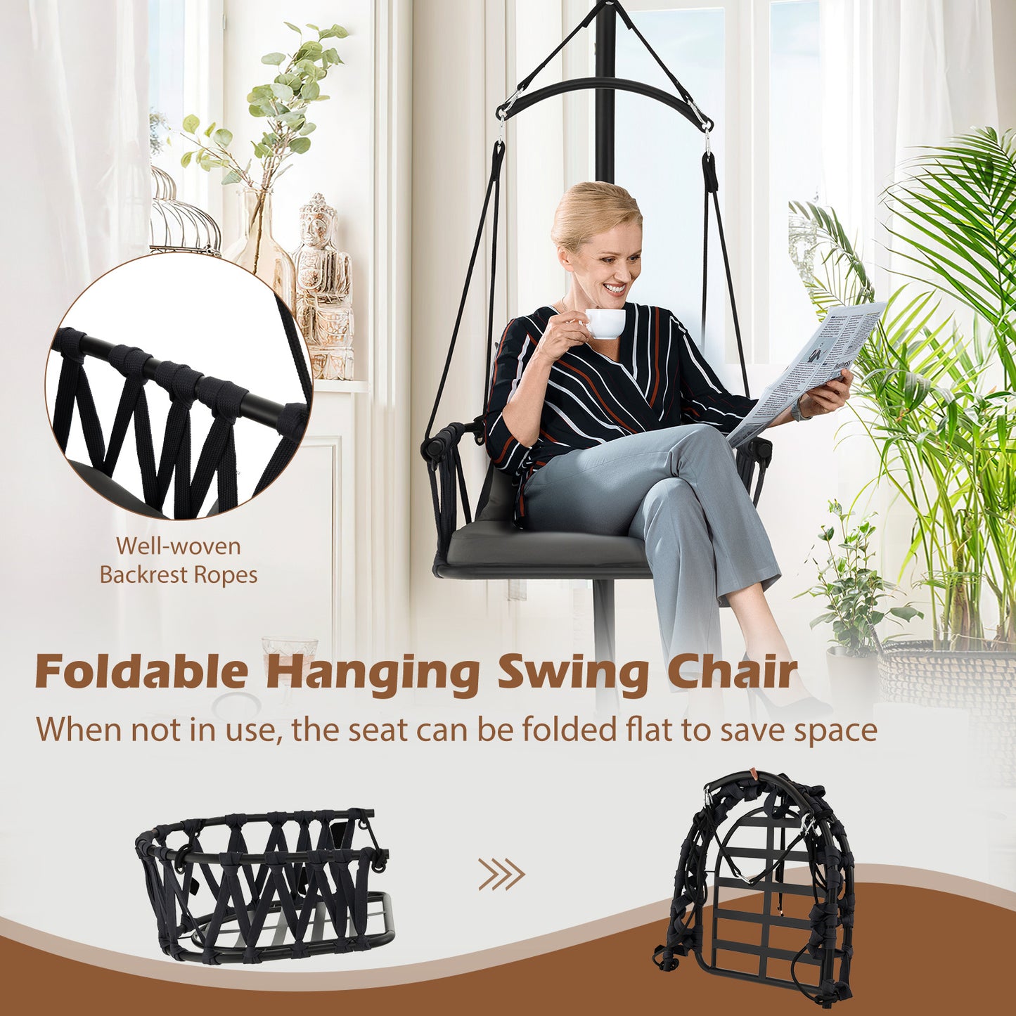 Costway Foldable Hanging Chair With Stand For Indoor Outdoor Use