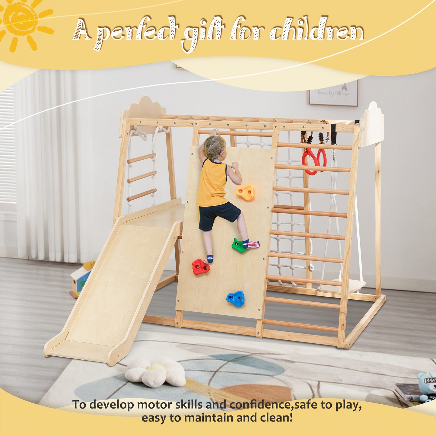 8-in-1 Indoor Jungle Gym Playset with Slide, Swing, Climbing Rocks & Net - Sturdy Wooden Construction, Soft Beige & Natural Wood Color, Multi-Level Activity Center with Ramp, Monkey Bars, Ring Toss, Storage Shelf - Safe Round