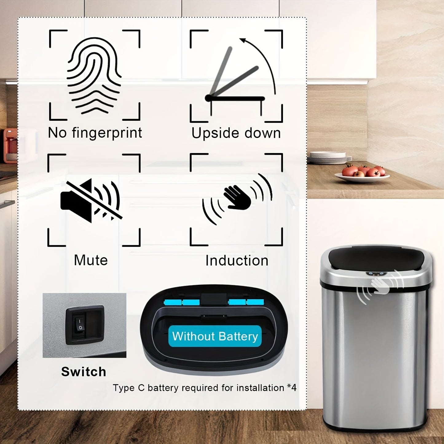 DOPINMIN Trash Can Brushed Metal Finish For Kitchen