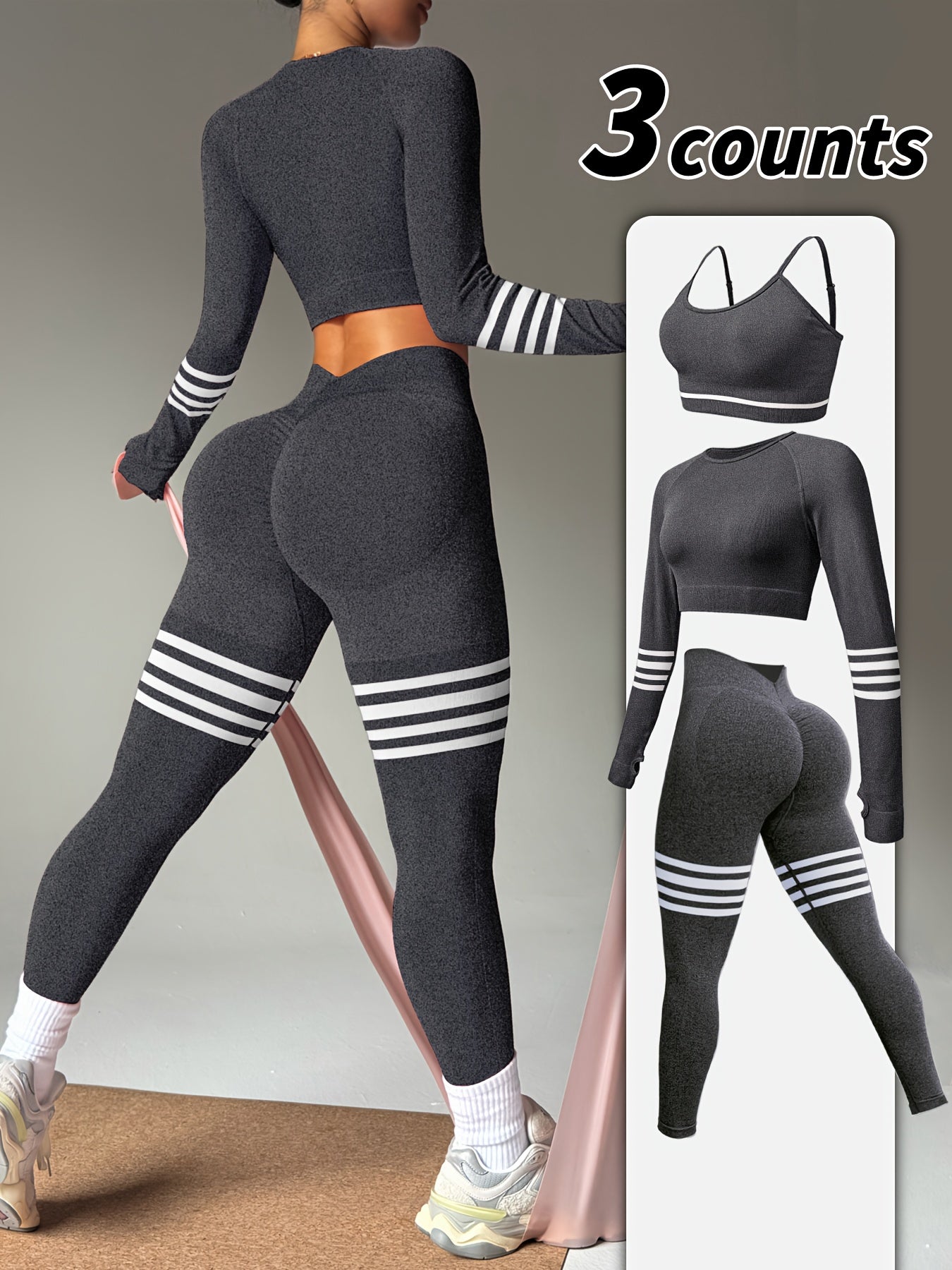 3pcs Women's Full Athletic Set - Seamless Striped Quick-Dry Sports Bra, Tight-Fitting Long Sleeve Gym Pants with Moai Panel Technology | High-Elasticity Moisture-Wicking Fabric for Running, Gymnastics, Training Outfit (All-Se