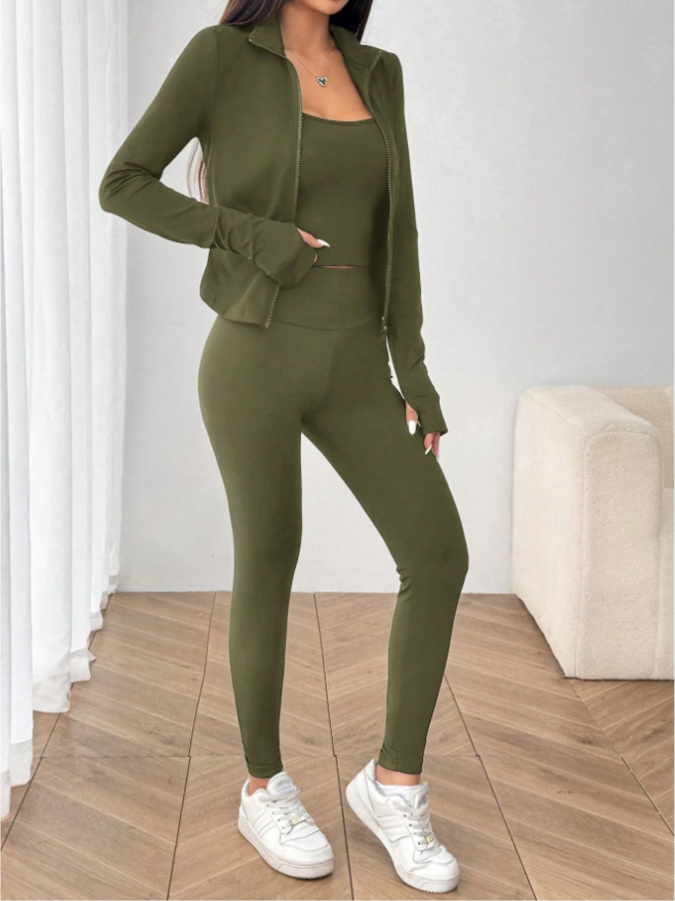 Yoga Set Zip-Up Cardigan, Camisole And Leggings Polyester Blend
