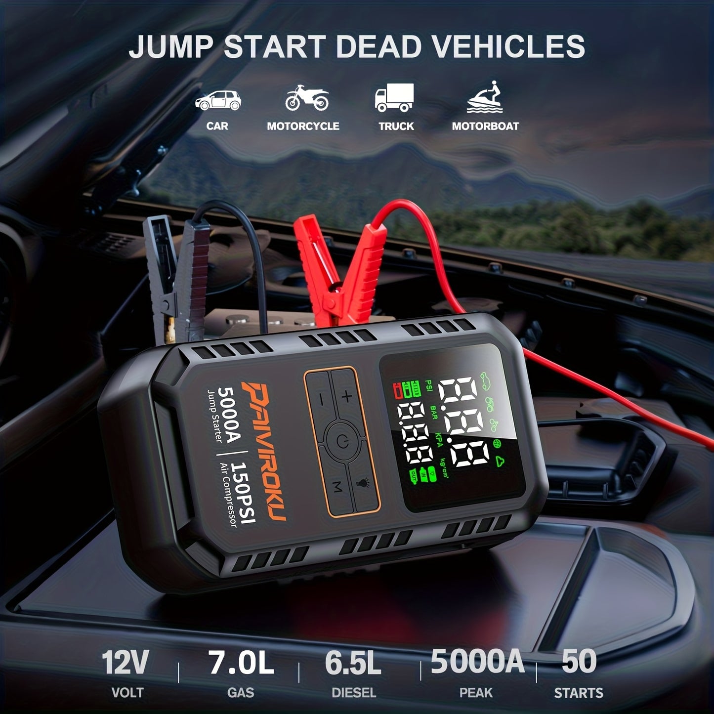 7-in-1 Portable Jump Starter with Air Compressor, 150 PSI Air Pump for Car Tires, 5000A Peak Jump Starter for Car (7.0LGas/1.59gal Diesel), LCD Display, LED Flashlight and Emergency Light, QC3.0 Fast Charging Portable Power B