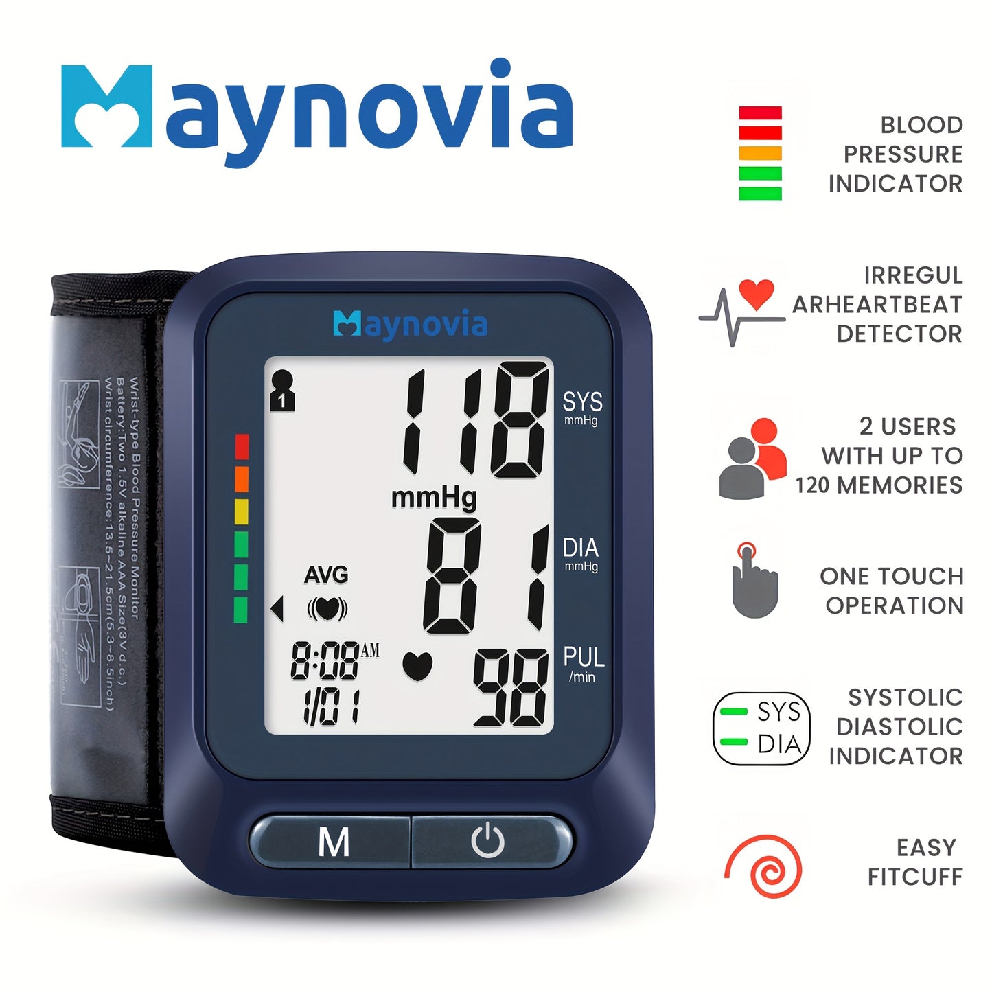 Maynovia Automatic Wrist Cuff Blood Pressure Monitors Large LED Display Hypertension Detector For Home Support 2 Users 120x2 Reading Memory With Carrying Box