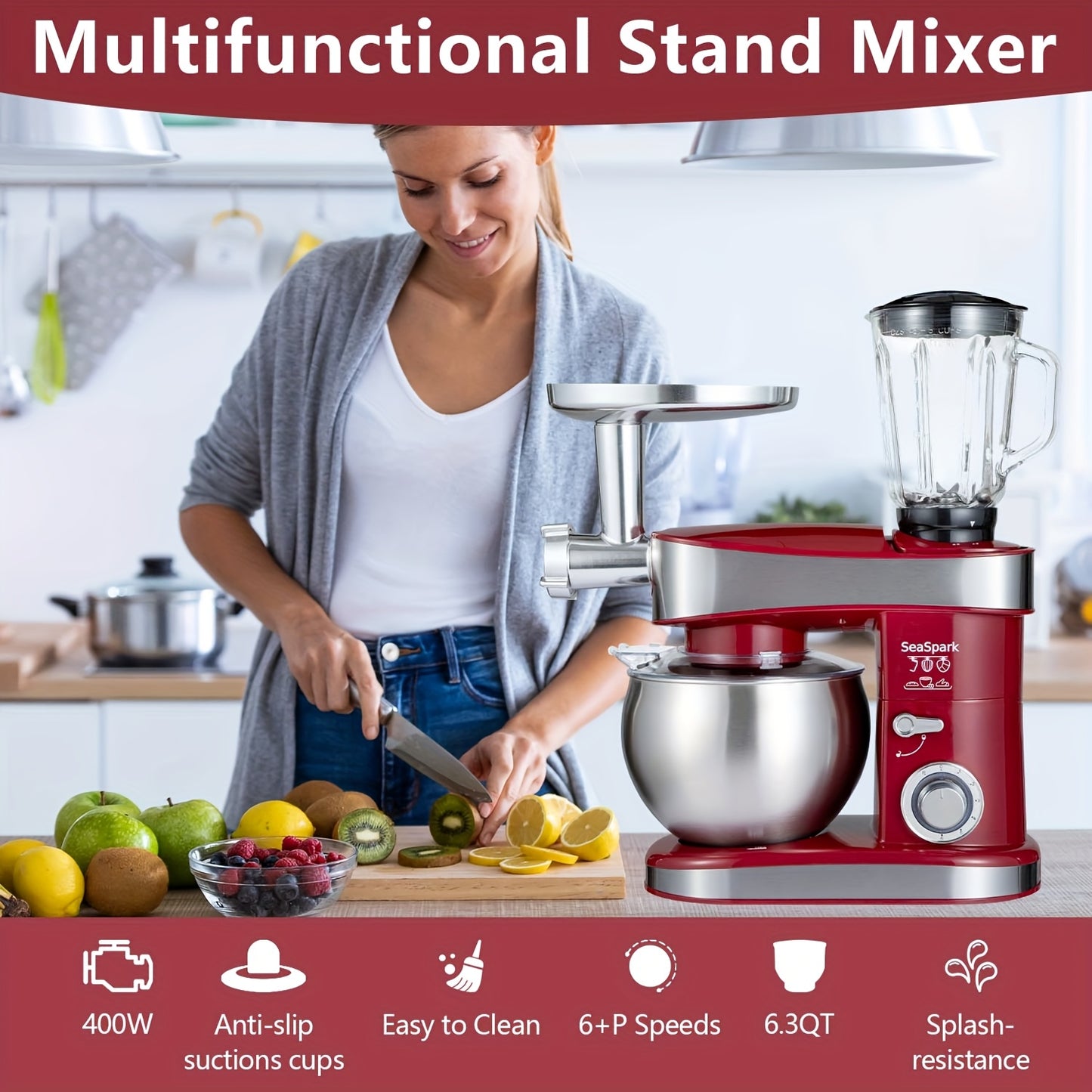 6-in-1 Electric Vertical Mixer, 400W 6-speed with Pulse Button, Accessories with 6.3QT Stainless Steel Bowl, Mixer, Dough Hook, Egg Beater, Spatula, Juicer Accessories, Meat Grinder Accessories and Noodle Pressing Accessories