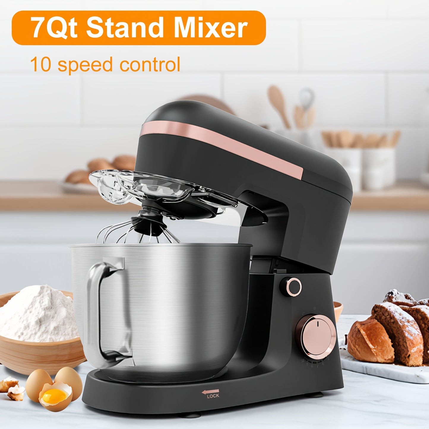 7QT Stand Mixer, 10+P Speeds Powerful Electric Kitchen Mixer With Dough Hook, Beater, Whisk And Splash Guard With Pour Spout, Food Mixer For Baking, Cooking