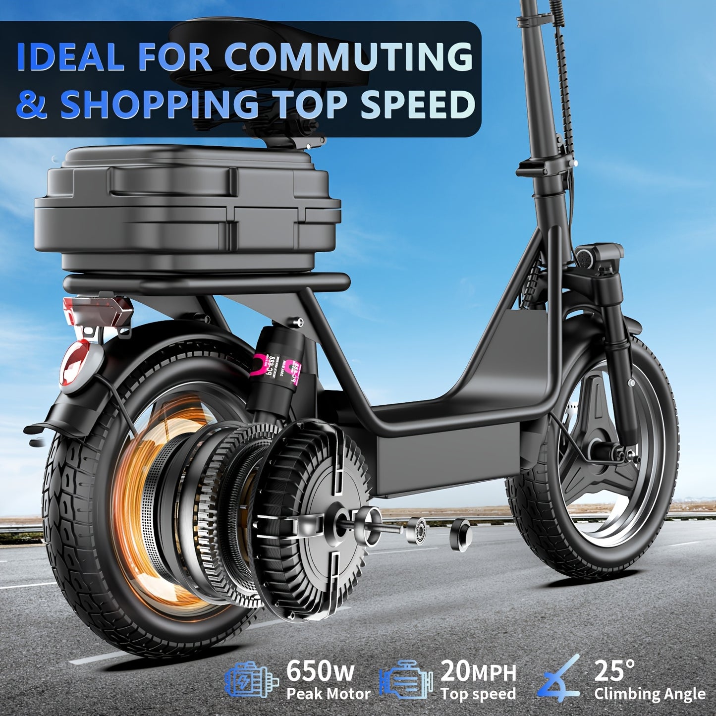 Electric Scooter for Adults Featuring a 650W/350W Peak Motor, Capable of Covering Distances of 21 to 30 Miles. It Includes a Seat, Box, And Basket, Along with Disc Brakes. The Scooter Operates on a 48V 15A Or 36V 7.5A System