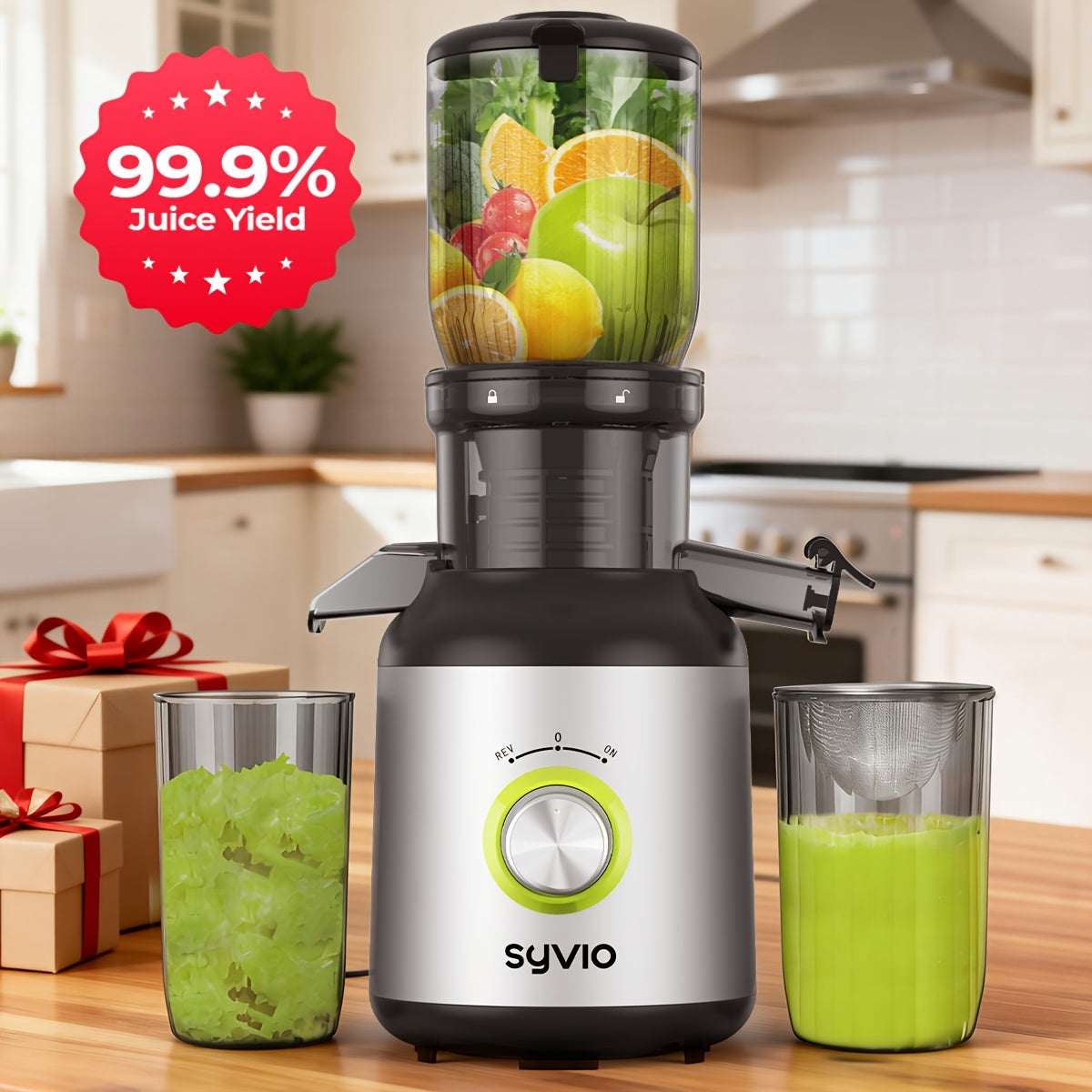 Syvio 3-speed Centrifugal Juicer, Featuring A 4.3-inch Wide Feed Chute For Whole Fruits And Vegetables, Delivers High Juice Yield. Includes 3 Interchangeable Strainers For Batch Juicing And Easy Cleaning.