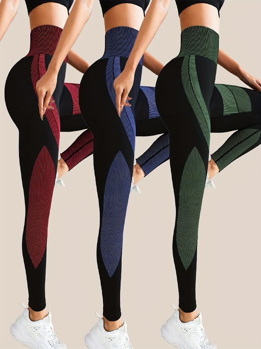 3pcs, SetWomen's Seamless Yoga Leggings Color Block High Waisted Soft&Stretchy Breathable Scrunch Butt Lifting Gym Sports Workout Pants, Size S-XL, Essential for Sports Such As Running, Hiking, Cycling, Etc.