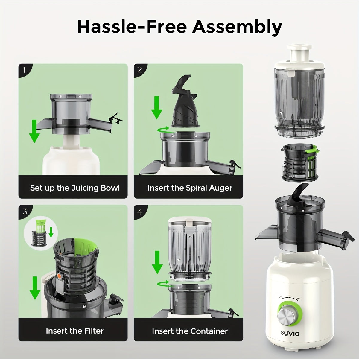 Syvio 3-speed Centrifugal Juicer, Featuring A 4.3-inch Wide Feed Chute For Whole Fruits And Vegetables, Delivers High Juice Yield. Includes 3 Interchangeable Strainers For Batch Juicing And Easy Cleaning.