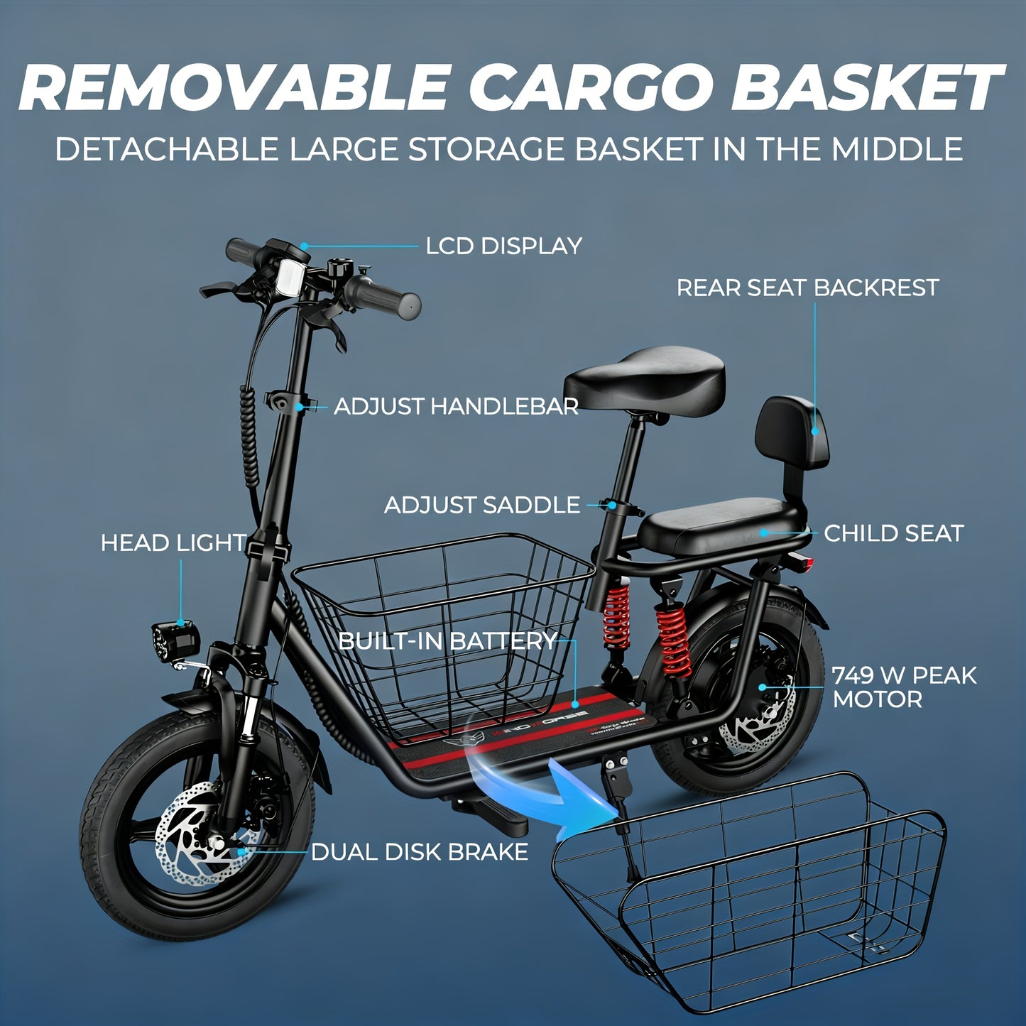 749W Peak Cargo Electric Scooter - 25 Mile Range, 20MPH, Dual Suspension, LCD Display, 330lbs Max Load, Adult Ebike with Basket & Cruise Control, Commuter Bike for Urban Travel, Black, Electric Scooter for Adults, Commuter Bi