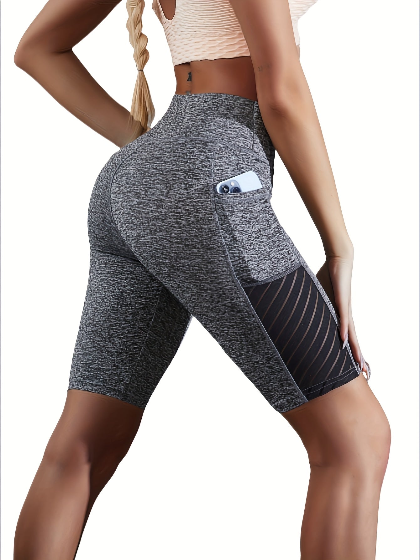 Multi-color Available, Two Pairs Of Women's High-waisted High Elastic with Pockets Yoga Shorts, Mesh Skeleton Breathable Tummy Tucking And Hip Lifting Elastic Capri Pants, Suitable for Gym Workout, Running And Leisure