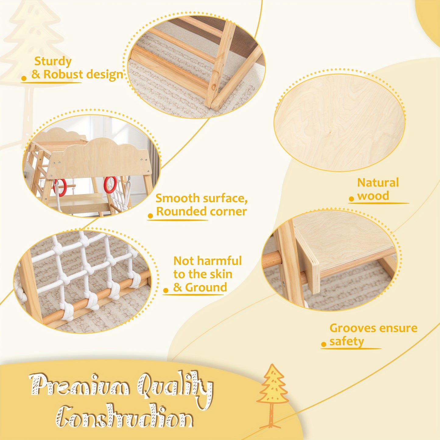 8-in-1 Indoor Jungle Gym Playset with Slide, Swing, Climbing Rocks & Net - Sturdy Wooden Construction, Soft Beige & Natural Wood Color, Multi-Level Activity Center with Ramp, Monkey Bars, Ring Toss, Storage Shelf - Safe Round