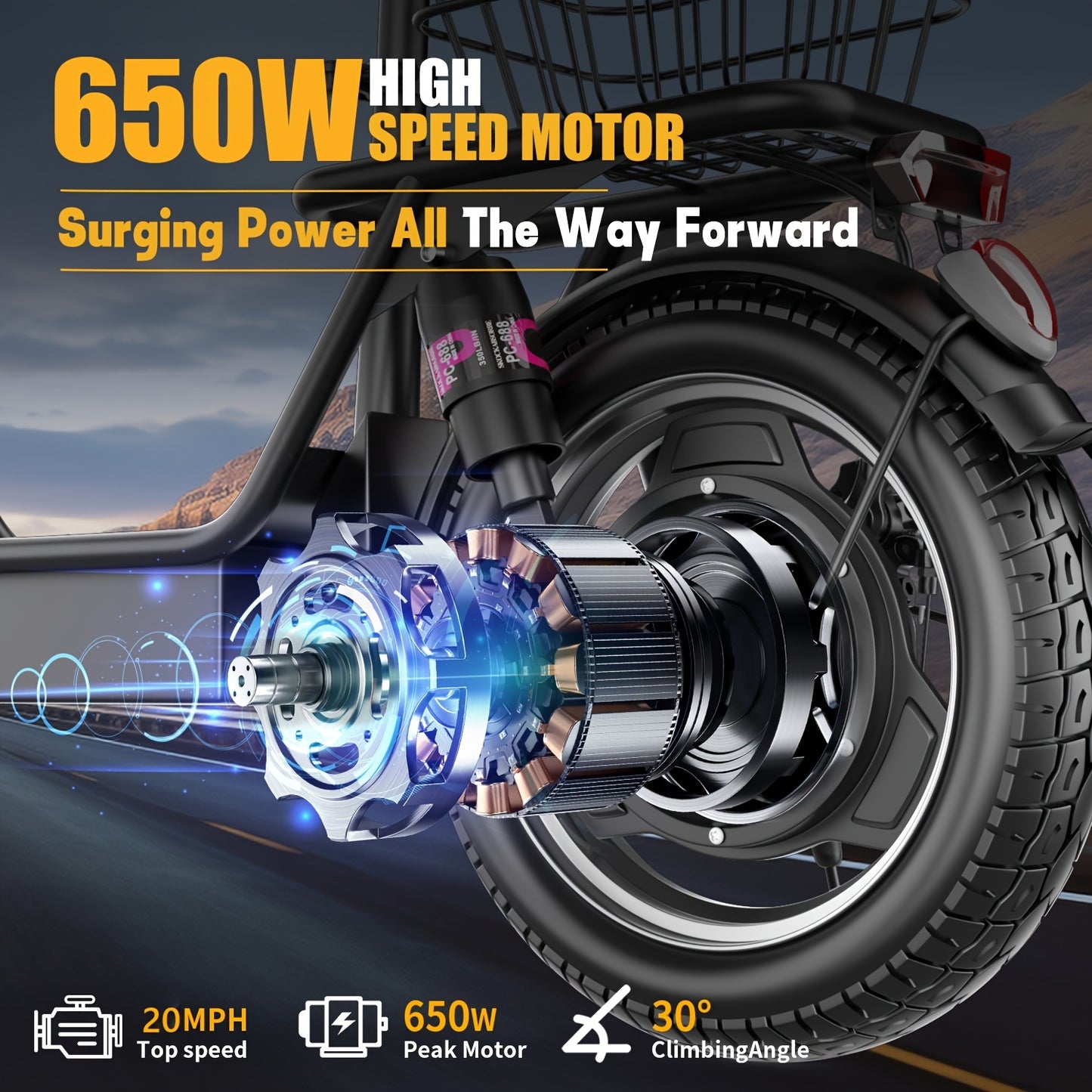 650W High-Power Electric Scooter with Front Basket & Anti-Slip Floor Mats - 48V 13A Motor, 25-Mile Range, 3-Speed Modes, Dual Disc Brakes & Full Suspension - Heavy-Duty Adult E-Scooter Suitable for Commuting, Riding on Any Te