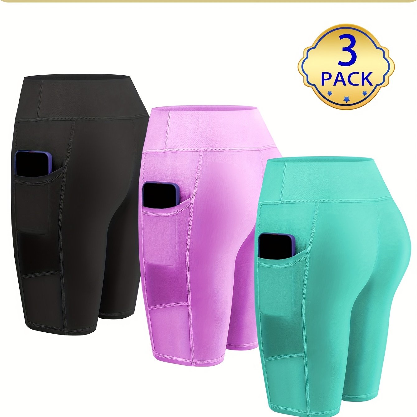 Womens 3pcs Biker Yoga Shorts with Pockets Short Leggings 8" Inseam Tummy Control High Waisted Spandex Athletic Running Workout Gym Shorts