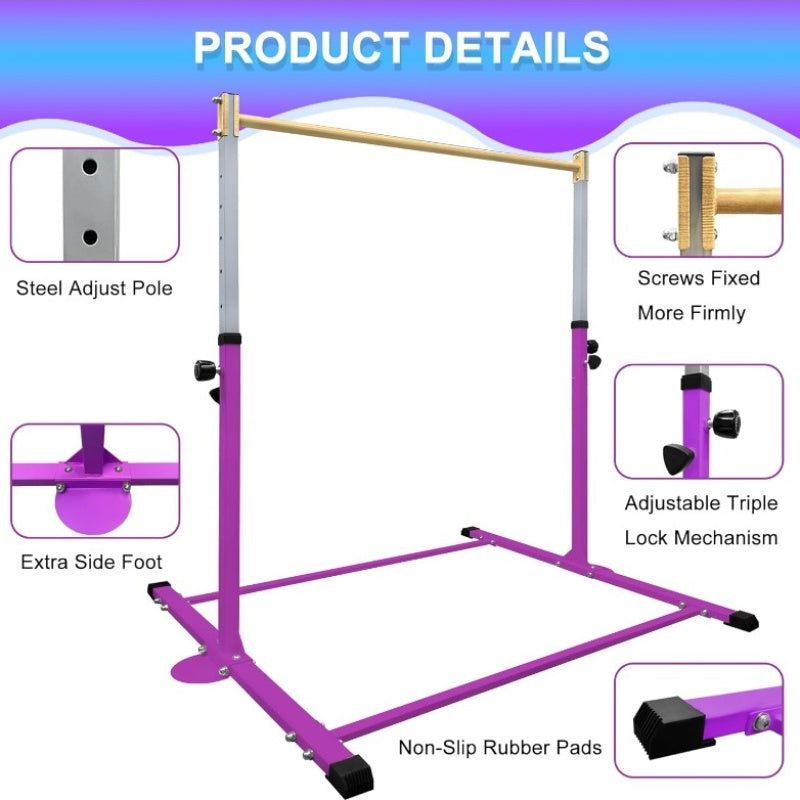 Adjustable Gymnastics Bar with Mat - Heavy-Duty Steel Frame & Foam Grip, 250 lbs Capacity, 3'-5' Height Adjustable Horizontal Kip Bar with Rings for Home Training, Easy Assembly with Tools Included, Ideal for Ages 3-15, Indoo