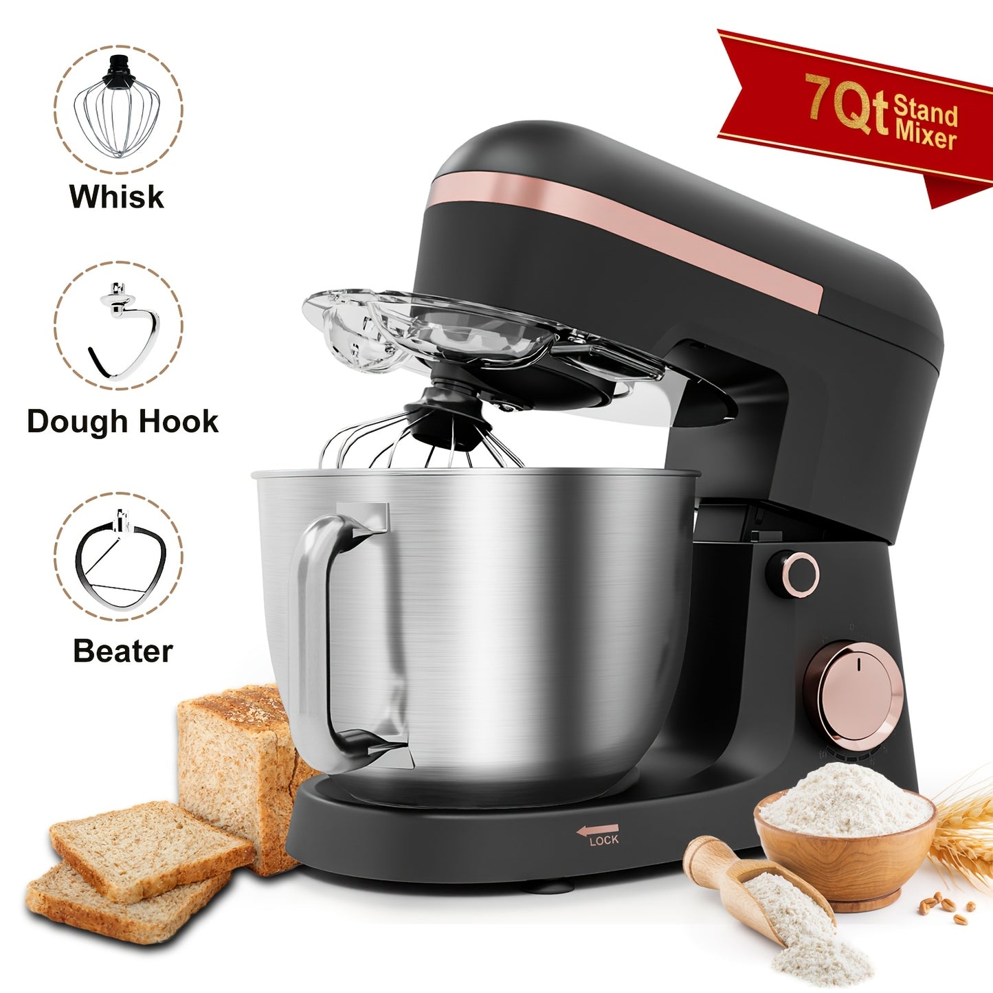 7QT Stand Mixer, 10+P Speeds Powerful Electric Kitchen Mixer With Dough Hook, Beater, Whisk And Splash Guard With Pour Spout, Food Mixer For Baking, Cooking
