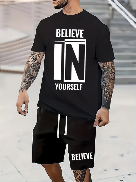 Men's Gym Set Breathable Motivational Tee And Shorts