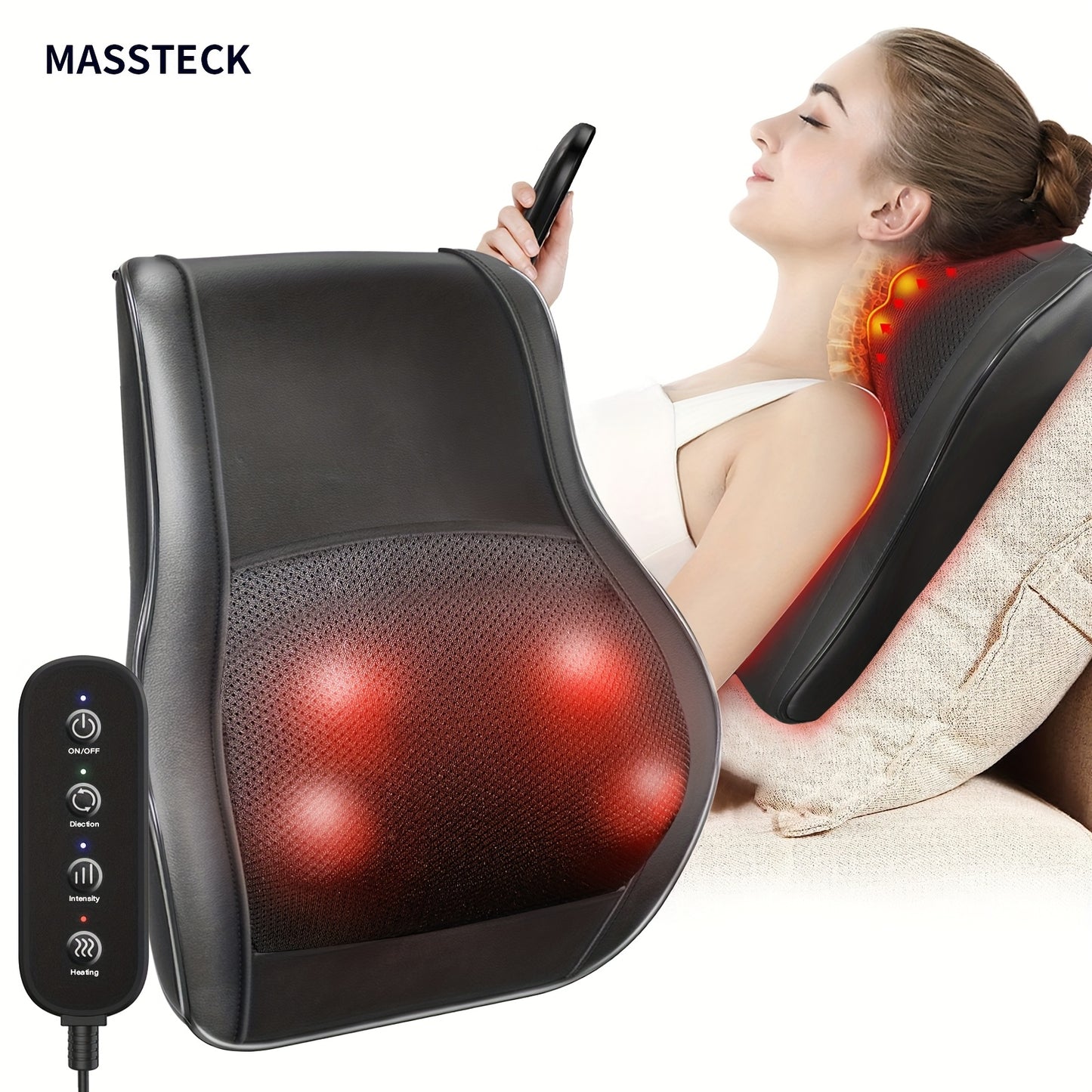 MASSTECK Shiatsu Back Massager Featuring Heat, Designed for Deep Tissue in The Neck, Shoulders, And Back, Offers 3 Massage Modes And 2 Heat Settings, Providing a 3D Kneading Experience for Overall Body, Perfect As Gifts for M