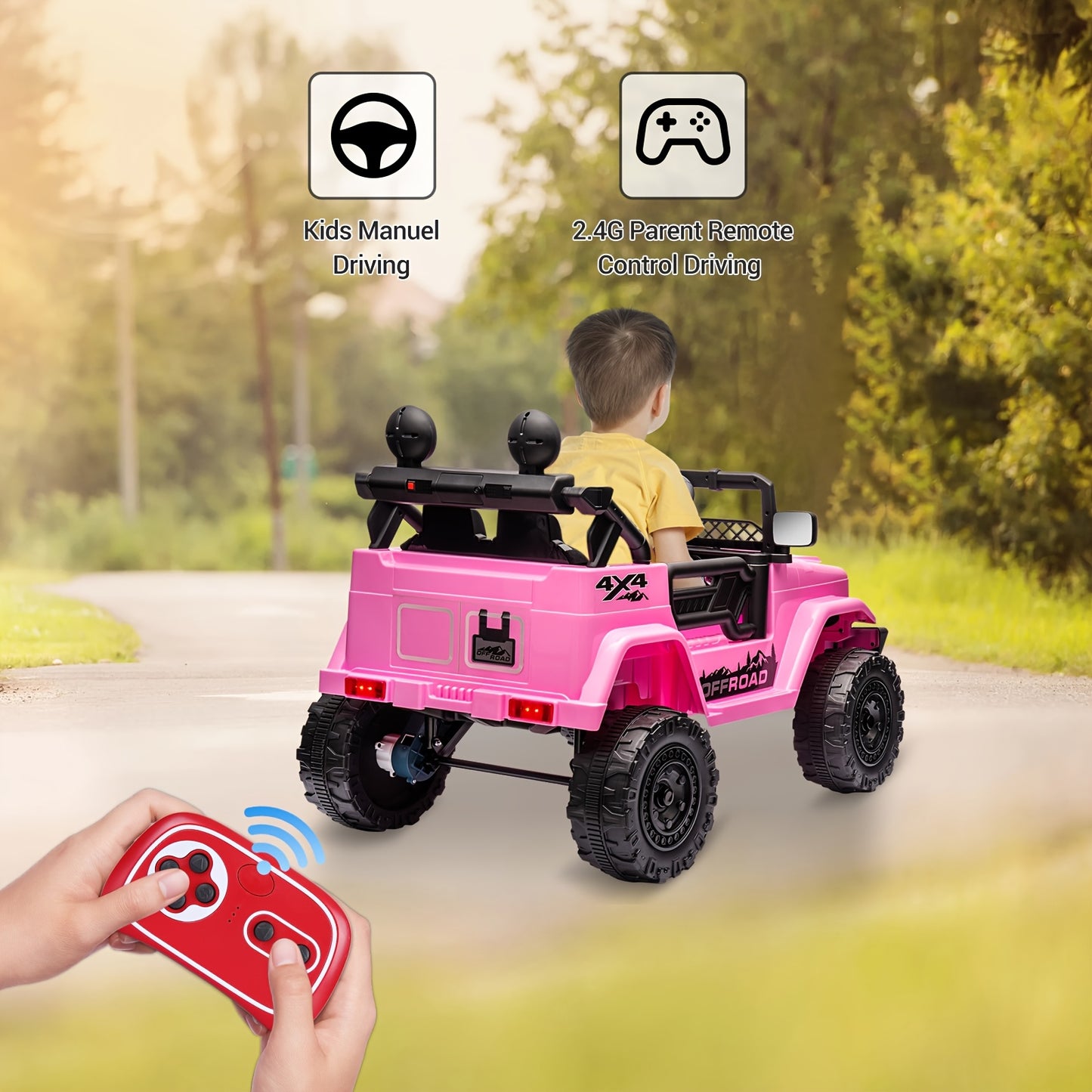 12V Battery Kids Ride On Truck | 4 Wheels Kids' Electric Vehicles Off-Road, Electric Toys Car For Kids With Remote, 3 Speed, Spring Suspension, Led Lights, Music, Christmas Birthday Children Gifts, Colors:, Red, Pink, Army Gr