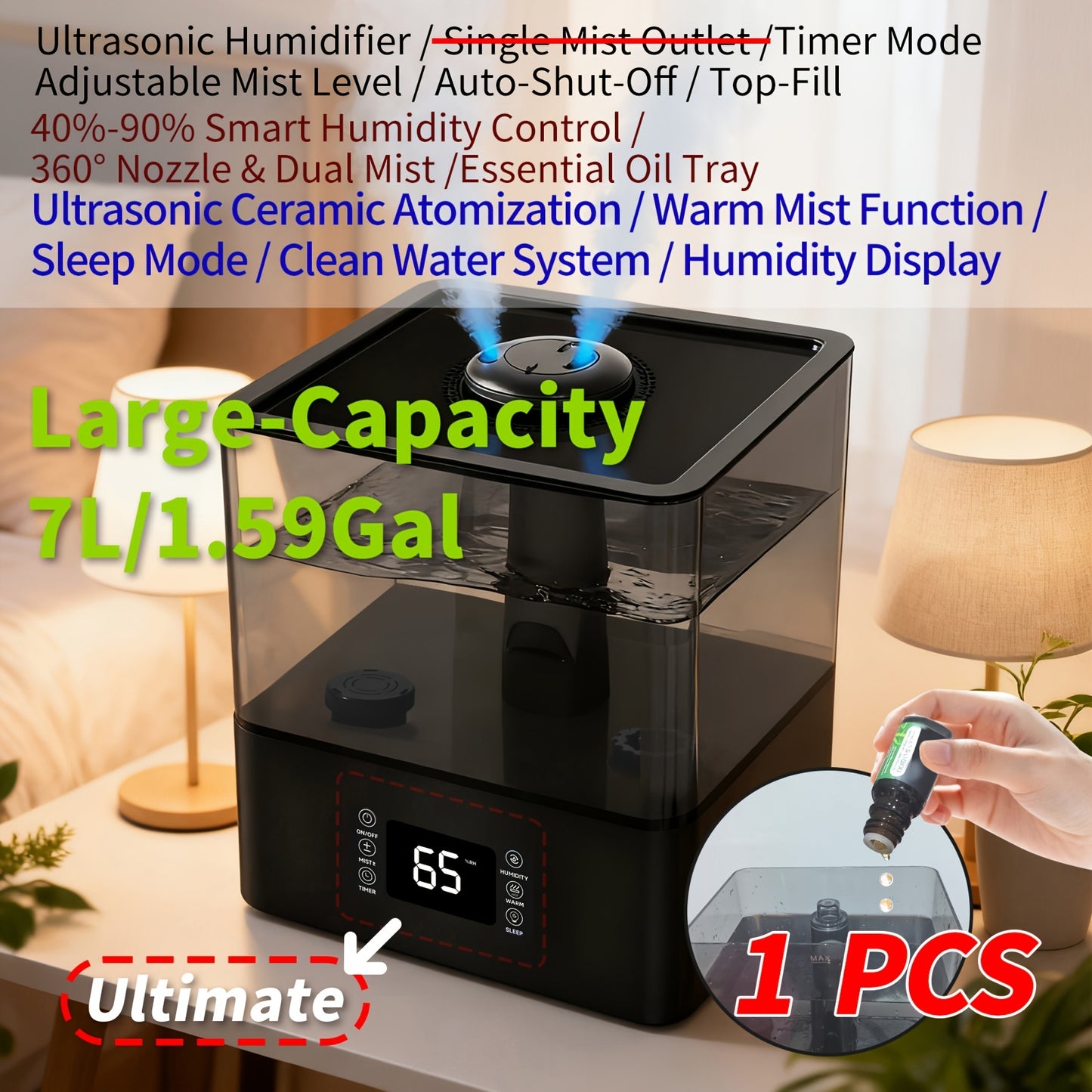 Humidifier: 1.85Gal/7L Humidifiers for Home, Humidifiers for Bedroom / Baby / Plants/Office, Luxury Large-Capacity Aroma System for Whole-Home Fragrance. Humidity Control Display Diffuser: Top-Fill, 360° Nozzle & Dual Mist,