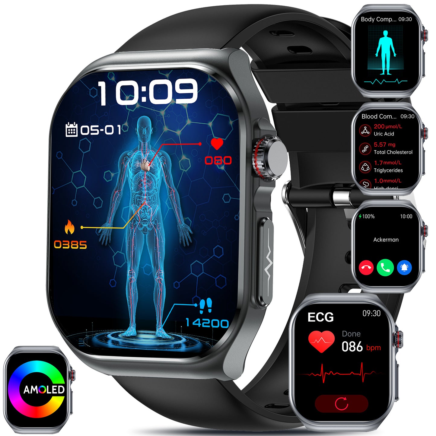 Smartwatch with 2.04" AMOLED Display, Long-Lasting Battery, Wireless Calling & NFC, Compatible for Android/iOS Smartphones, Voice Assistant/SOS, Menstrual Tracker & Weather App, Magnetic Charging, Unisex Smartwatch for Men &
