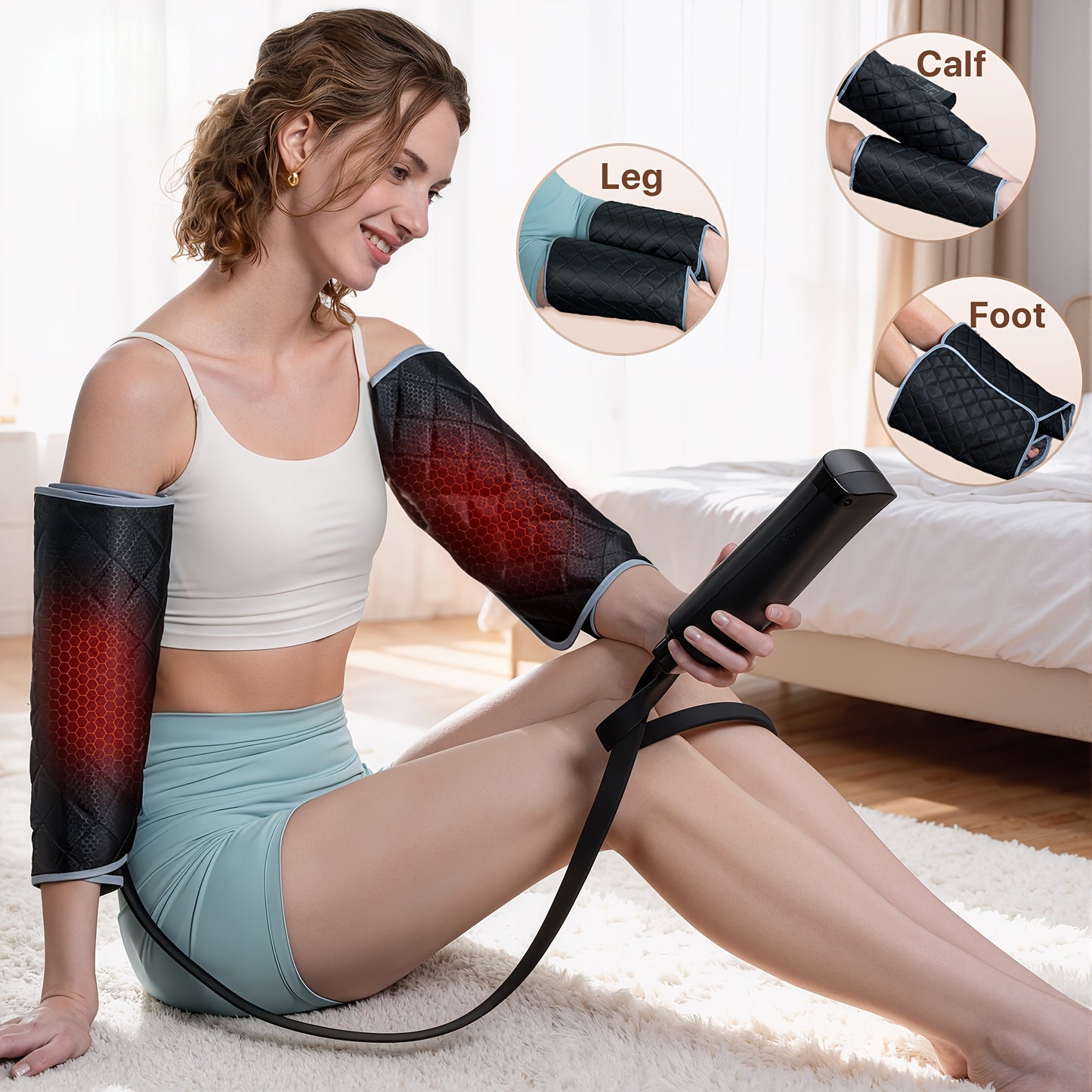 ALLJOY Leg Massager Designed to Enhance Circulation, Featuring Air Compression for The Calves with Six Different Modes, Two Heating Settings, And Three Vibration Options. It Includes Adjustable Wraps And an Automatic Shut-Off