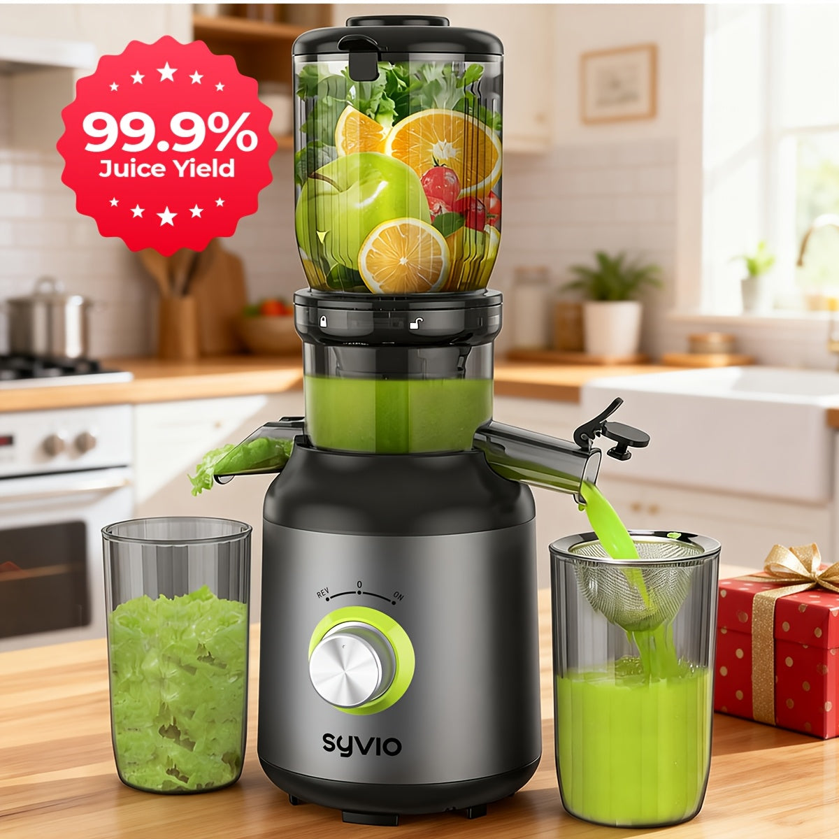 Syvio 3-speed Centrifugal Juicer, Featuring A 4.3-inch Wide Feed Chute For Whole Fruits And Vegetables, Delivers High Juice Yield. Includes 3 Interchangeable Strainers For Batch Juicing And Easy Cleaning.
