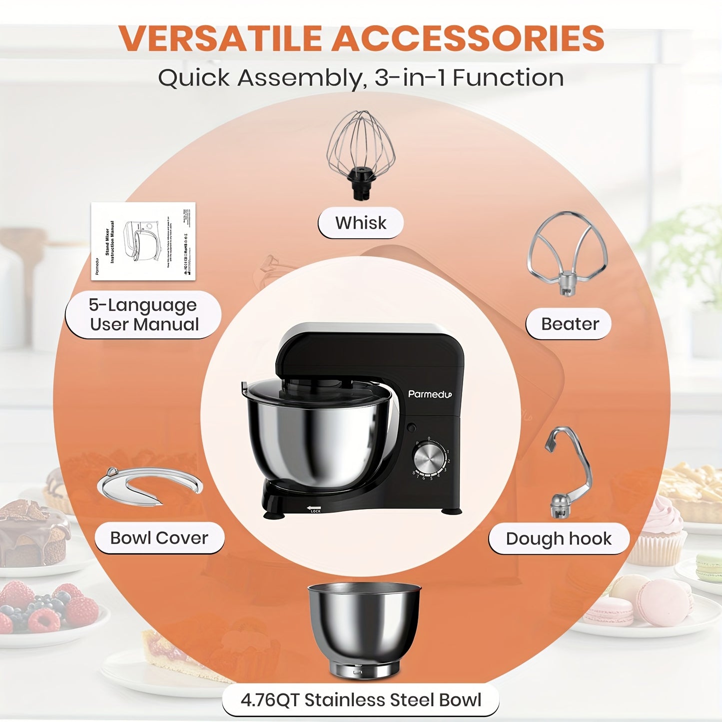 Compact Stand Mixer 11.8" D X 6.9" W X 10.4"H: 8-Speed 380 W Tilt-Head Household Food Mixer- 4.76 Qt 304 Stainless Steel Bowl with Cover& Egg Whisk& Dough Hook& Flat Beater- Electric Kitchen Stand Mixer for Baking, Pizza, Smo