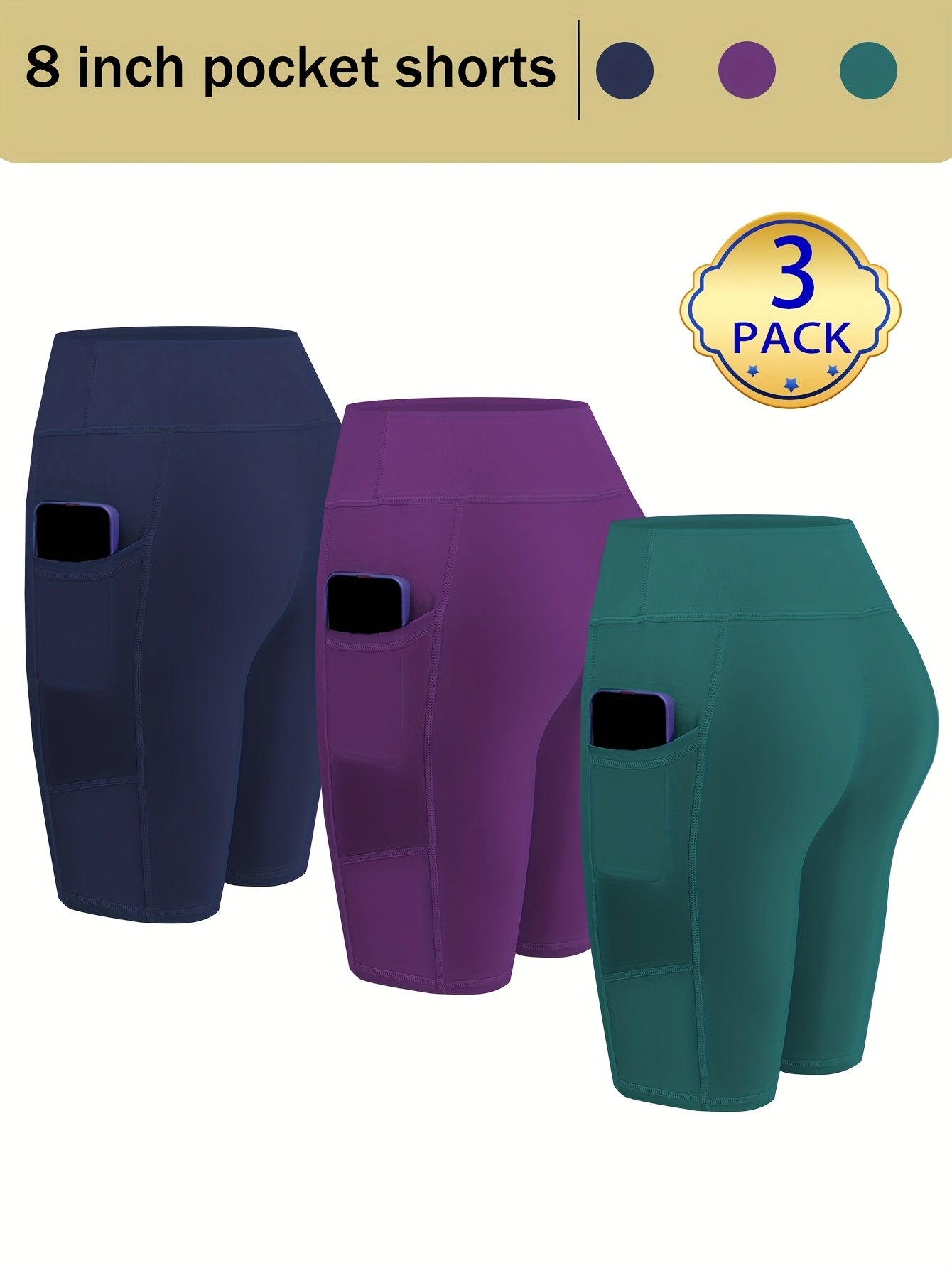 Womens 3pcs Biker Yoga Shorts with Pockets Short Leggings 8" Inseam Tummy Control High Waisted Spandex Athletic Running Workout Gym Shorts